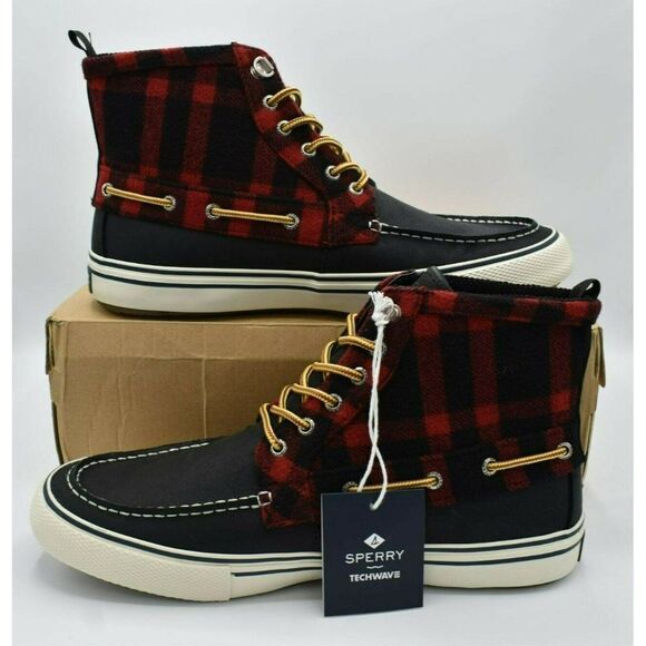 Sperry Mens Size 10 Bahama Black Red Checkered Waterproof Storm Boots STS23092 - Picture 1 of 11